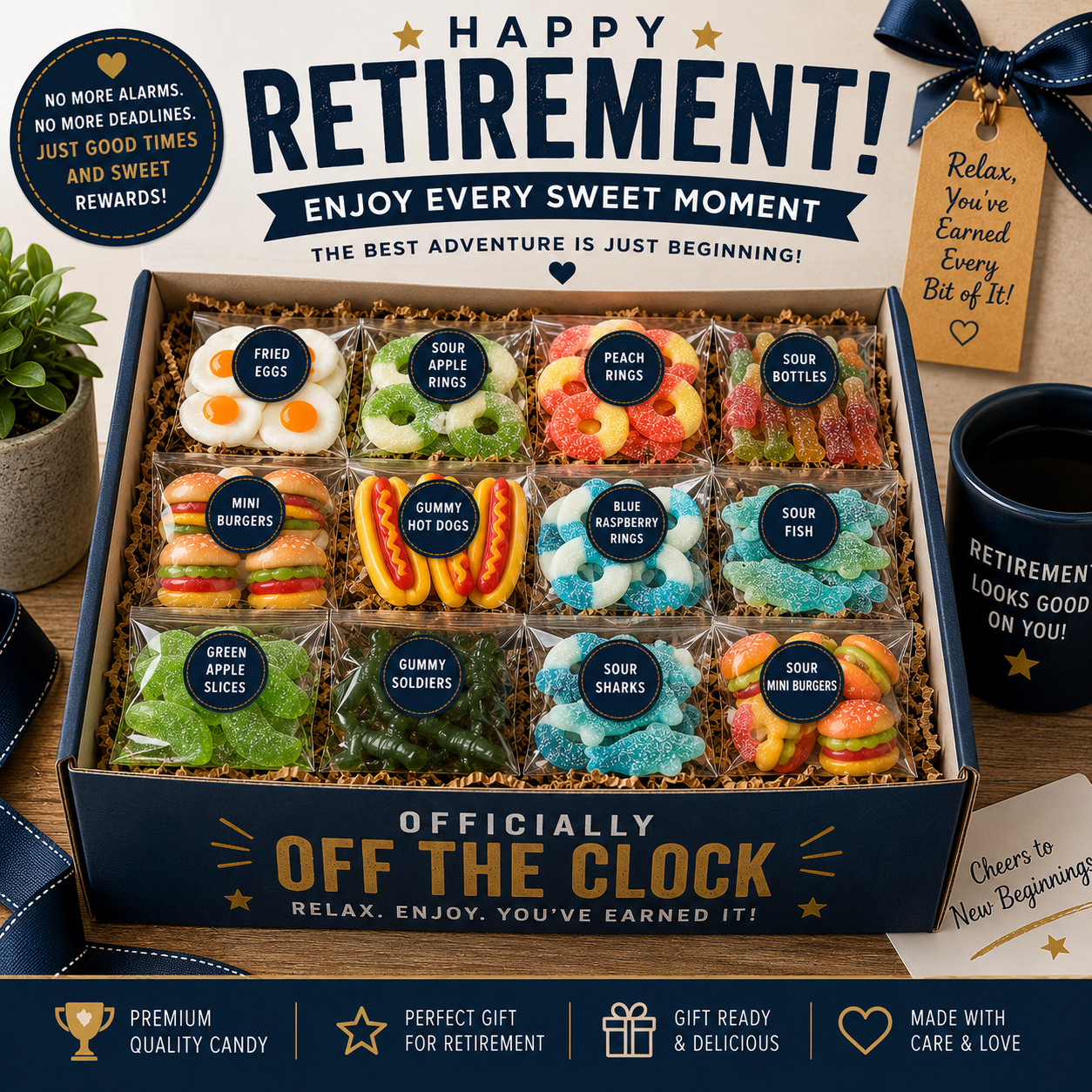 A box of retirement-themed gummy candies with labels like Fried Eggs, Sour Apple Rings, Peach Rings, Sour Bottles, Mini Burgers, Gummy Hot Dogs, Blue Raspberry Rings, Sour Fish, Green Apple Slices, Gummy Soldiers, Sour Sharks, and Sour Mini Burgers. The box has a message celebrating retirement, with additional decorative elements like a plant, a mug, and cards.
