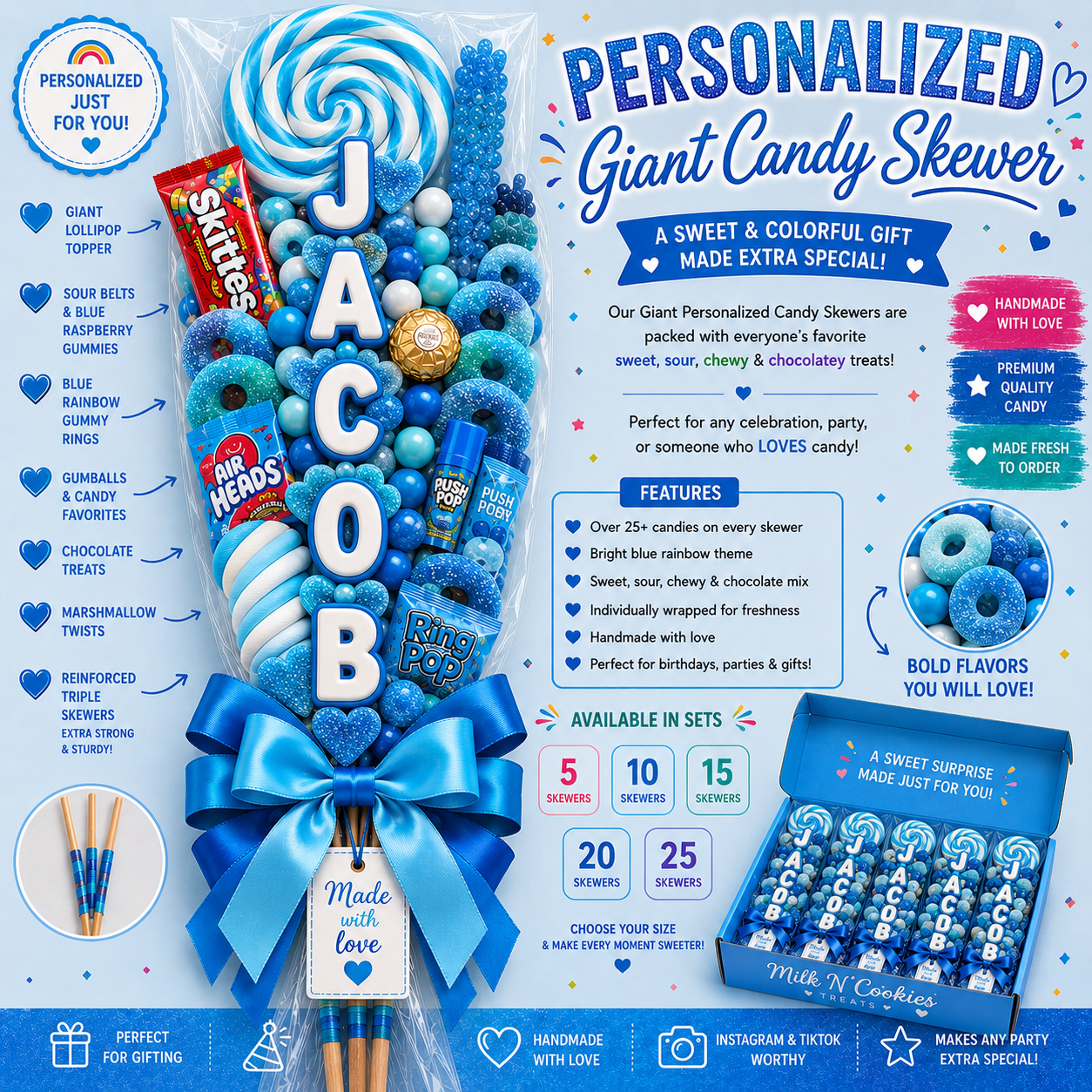 Personalized Blue Giant Candy Skewer Bouquet
