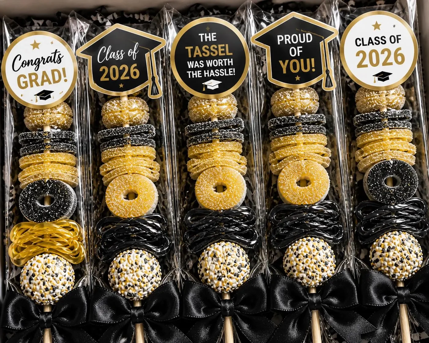 Graduation Candy Skewer, Class of 2026 Party Favor, Black and Gold Graduation Treat, Grad Candy Favor, Graduation Dessert Table Treat