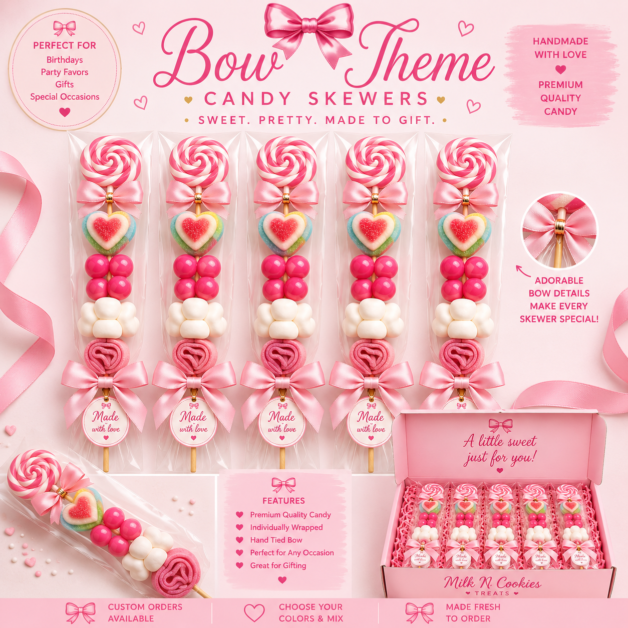 Bow Theme Candy Skewers, Pink Candy Skewers, Cute Party Favor Candy Treats, Coquette Candy Skewers, Girly Candy Gift, Sweet Treat Party Favors