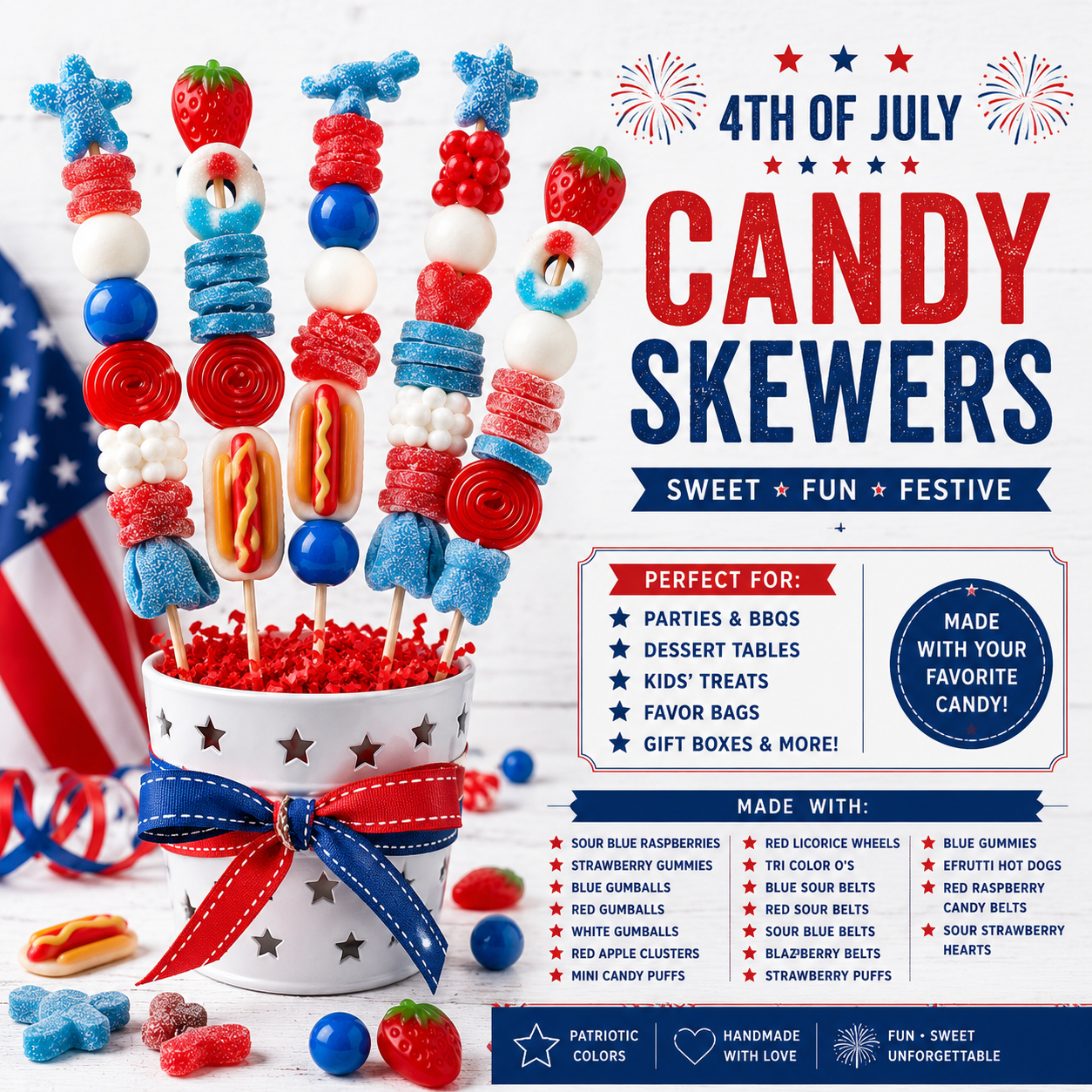 4th of July Candy Skewers, Patriotic Candy Treats, Red White and Blue Candy Skewers, Independence Day Party Favors, Summer Candy Gifts