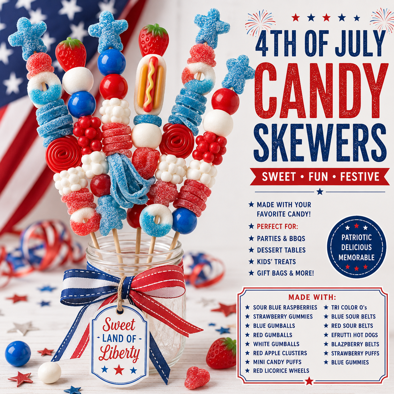 A jar decorated with a patriotic red, white, and blue ribbon contains candy skewers made of red, white, and blue candies, including strawberries, gummies, and other confections, set against a red, white, and blue themed background with American flags and star-shaped confetti.