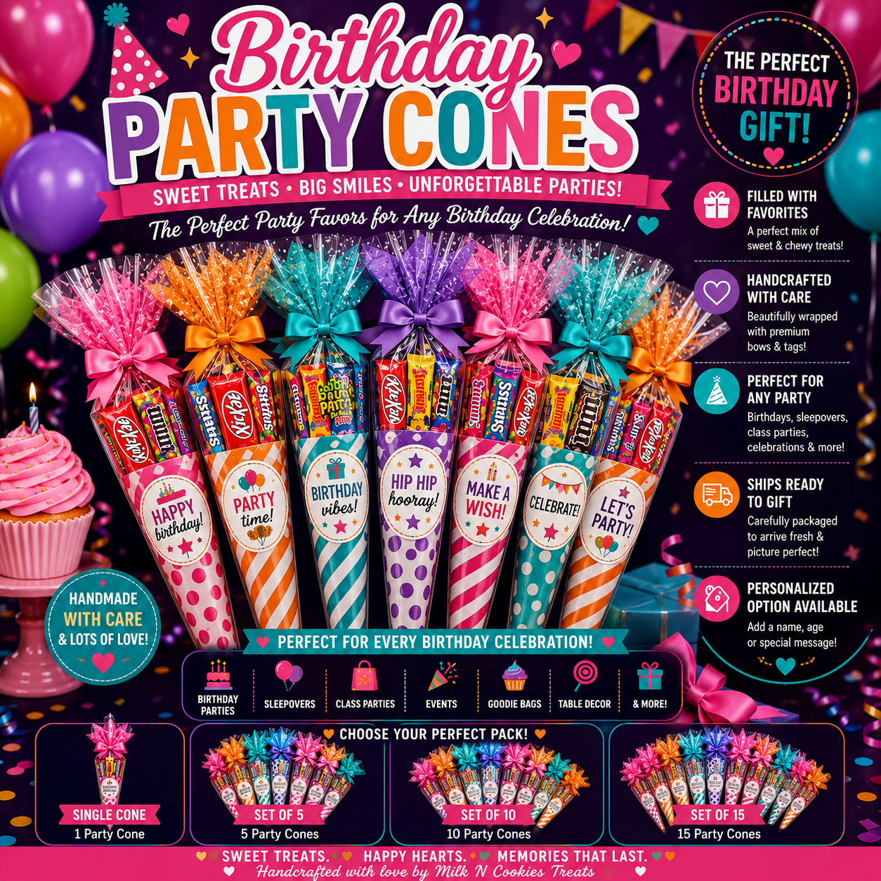 Birthday Party Candy Cones | Personalized Party Favors | Milk N Cookies Treats