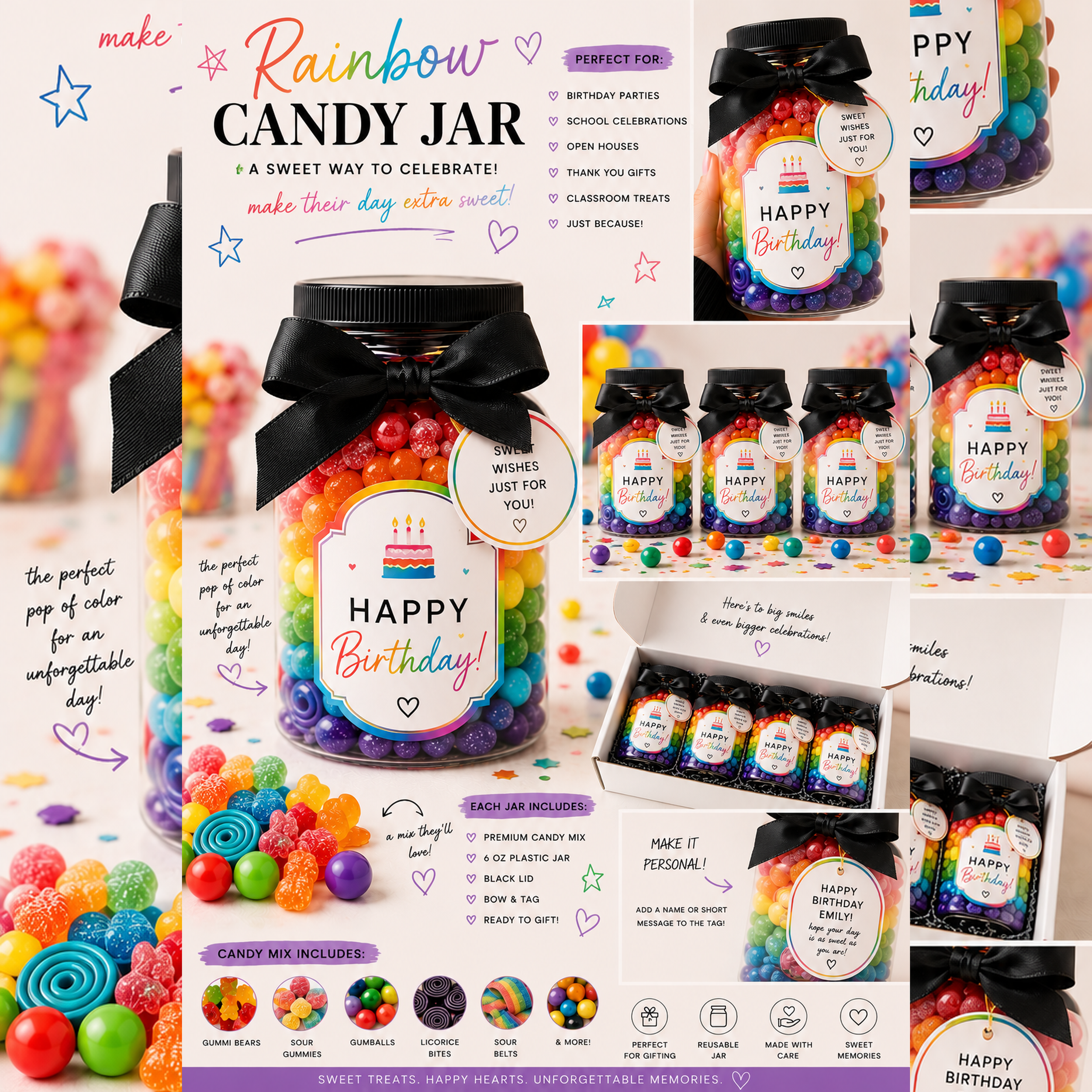 Rainbow Birthday Candy Jar Party Favors | Personalized Rainbow Candy Gifts