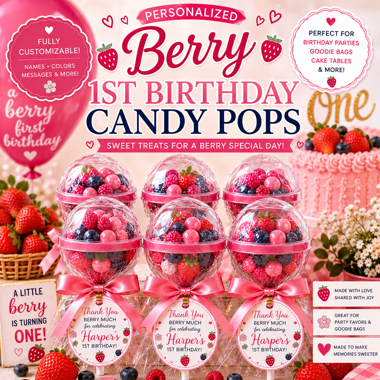 Personalized Berry First Birthday Candy Pops | One Berry Sweet Party Favors
