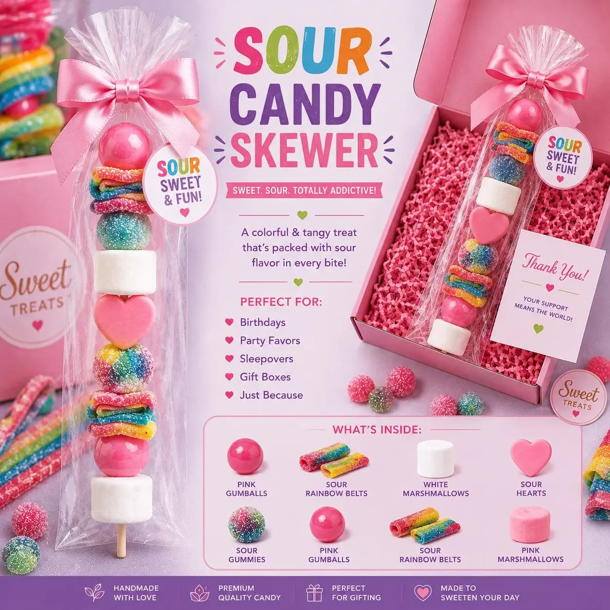 Sour Candy Skewers, Sweet and Sour Candy Treats, Rainbow Sour Candy Skewers, Candy Party Favors, Sour Candy Gifts, Birthday Candy Favors