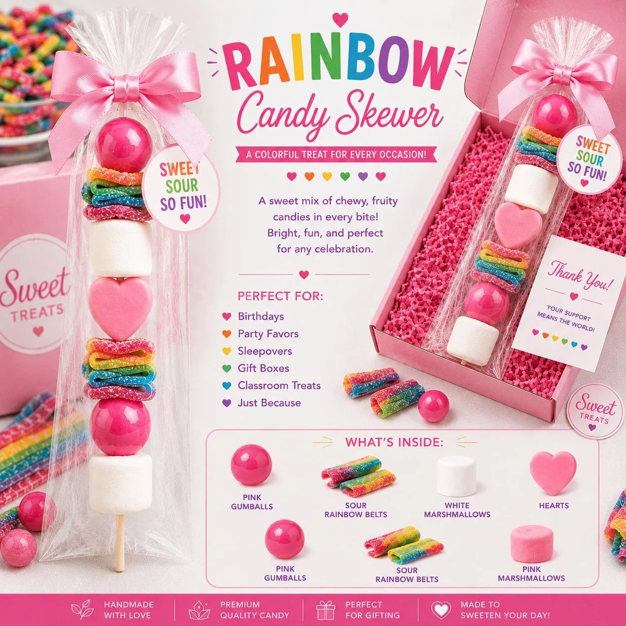Rainbow Candy Skewers, Sour Rainbow Candy Treats, Candy Party Favors, Rainbow Birthday Treats, Sweet and Sour Candy Skewers, Colorful Candy Gifts