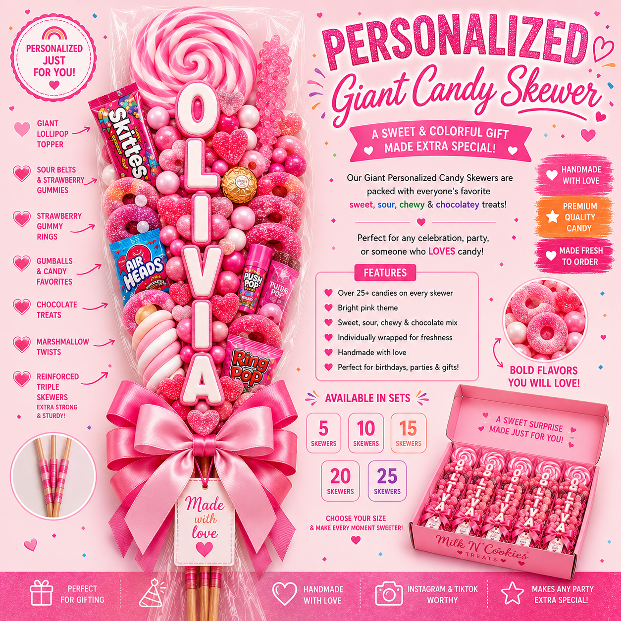 Personalized Pink Giant Candy Skewer Bouquet