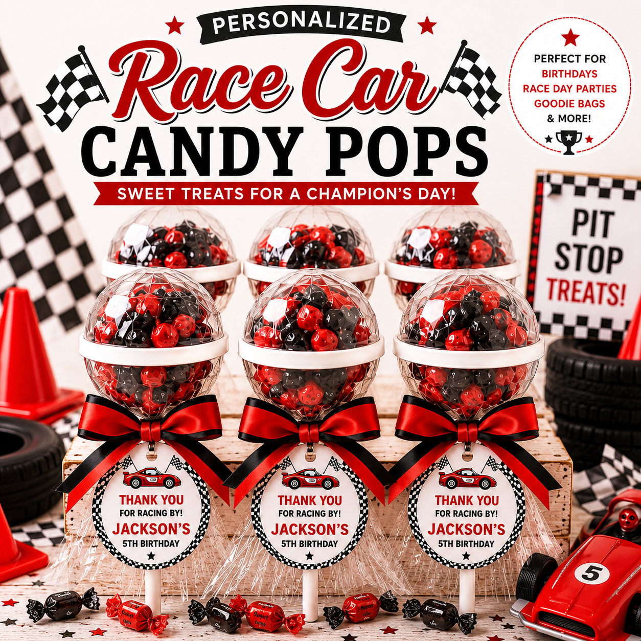 Personalized Race Car Candy Pops | Race Car Birthday Party Favors