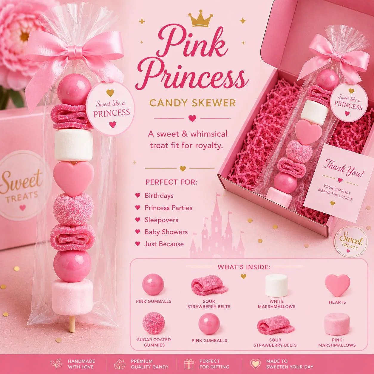 Pink Princess Candy Skewer, Princess Party Favor, Pink Candy Treat, Princess Birthday Favor, Baby Shower Candy Skewer, Pink Party Treat