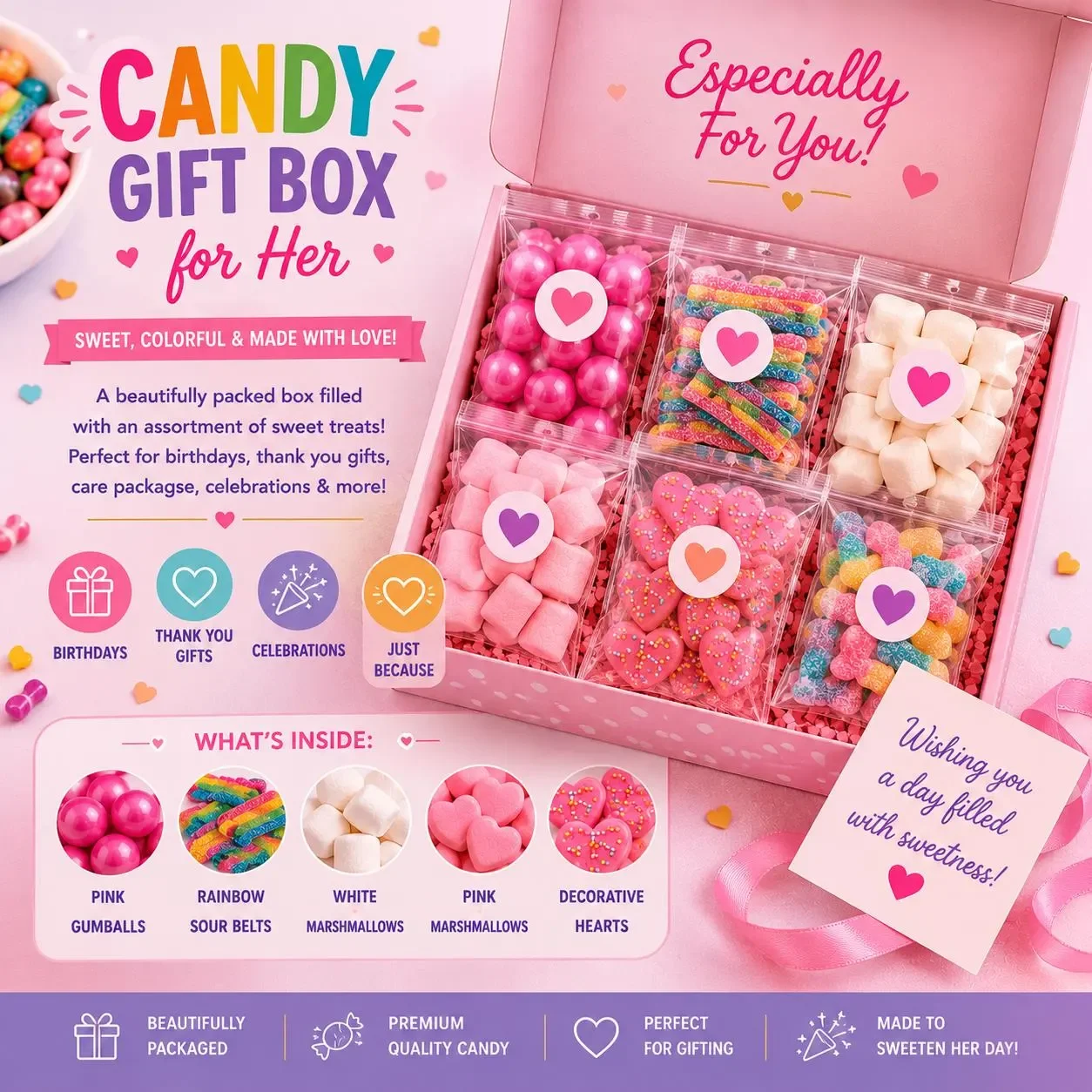 Candy Gift Box for Her, Pink Candy Box, Sweet Treat Gift Box, Care Package for Her, Birthday Candy Gift, Cute Candy Box, Girls Candy Gift
