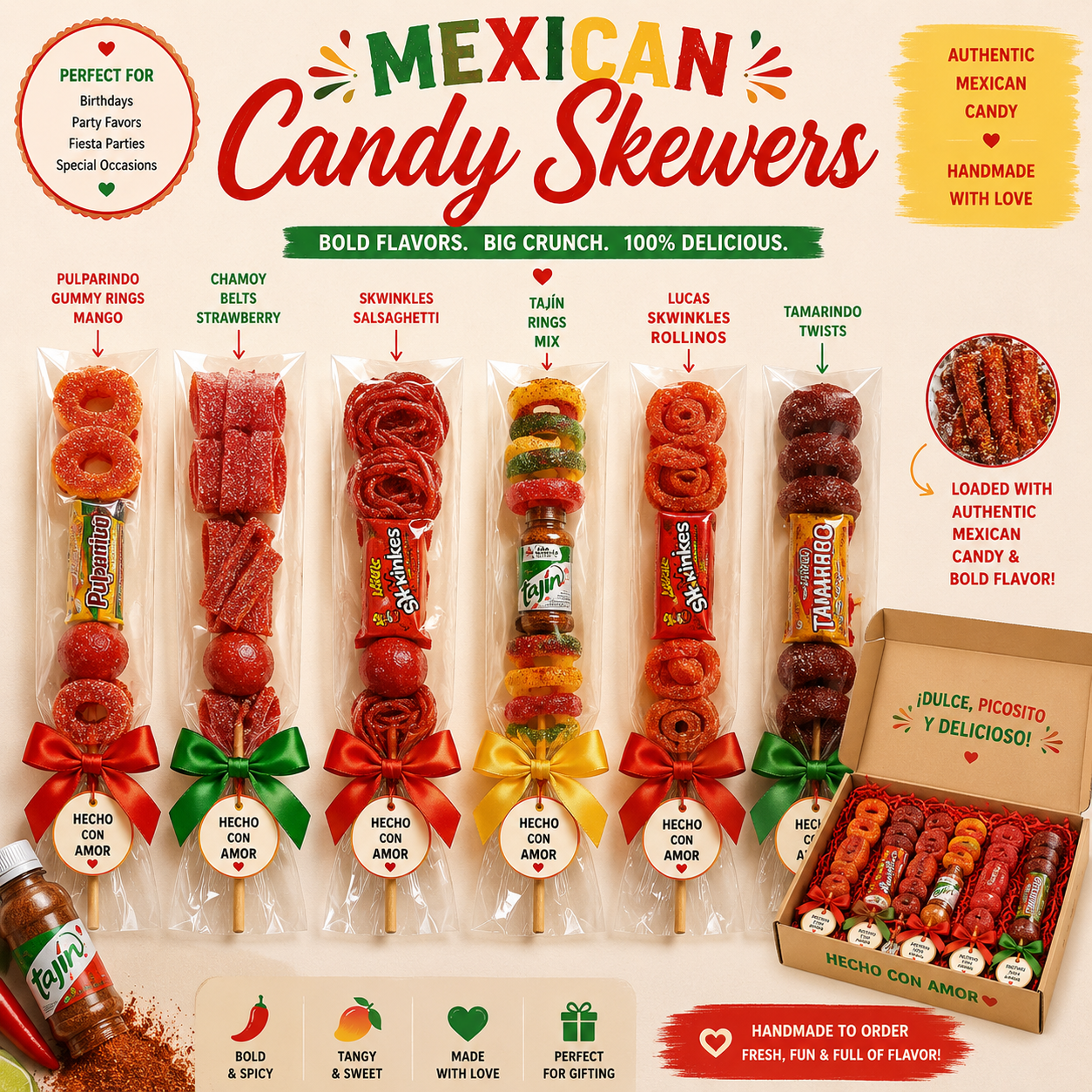 Mexican Candy Skewers, Chamoy Candy Skewers, Spicy Candy Treats, Mexican Candy Gift, Tajin Candy Skewers, Fiesta Party Favors
