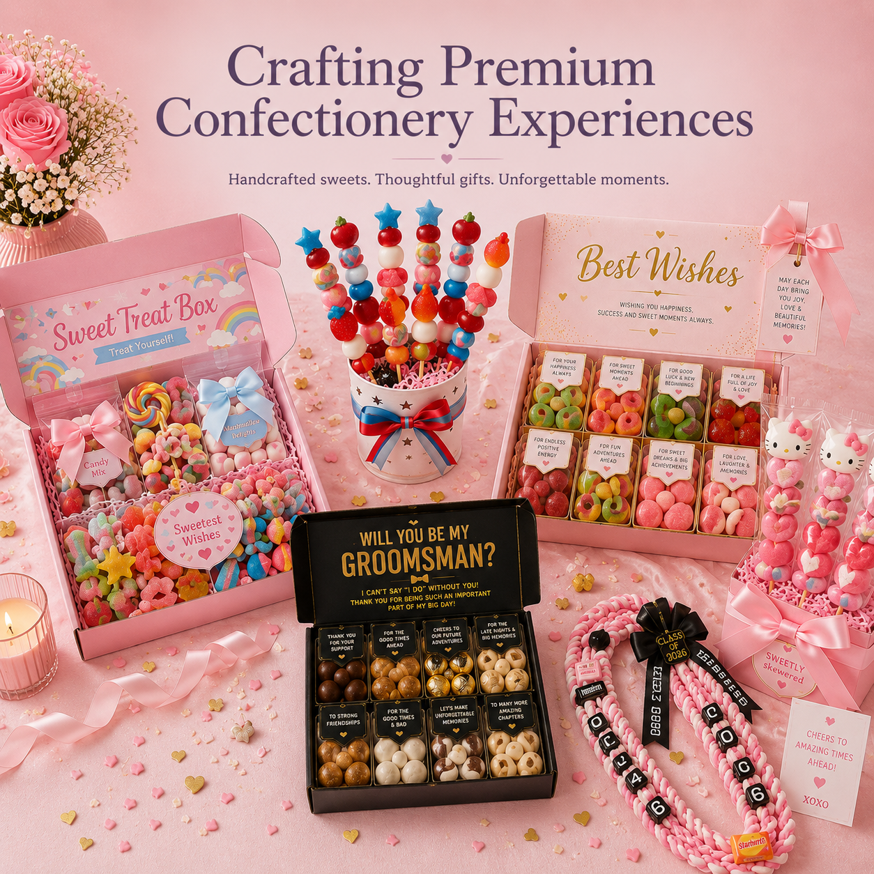 Pink themed display of confectionery gifts, including candy boxes, colorful candy skewers, and assorted chocolates, with decorative ribbons and signs praising love and friendship.