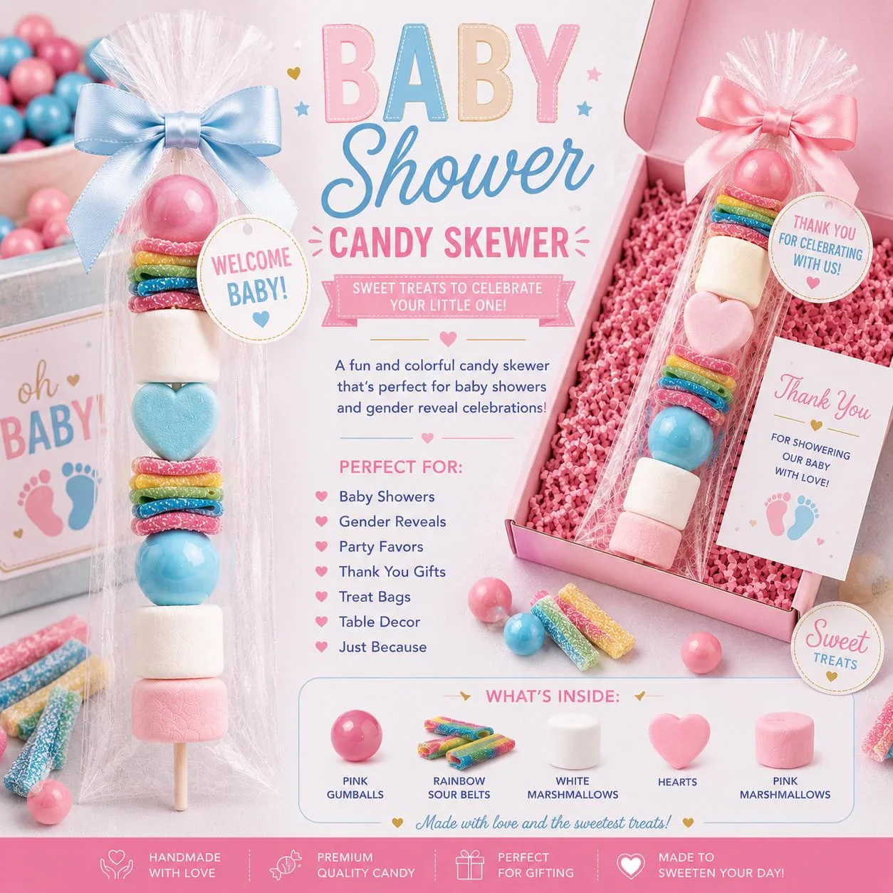Baby Shower Candy Skewers, Baby Shower Favors, Gender Reveal Candy Treats, Candy Party Favors, Pink and Blue Candy Skewers, Baby Sprinkle Treats