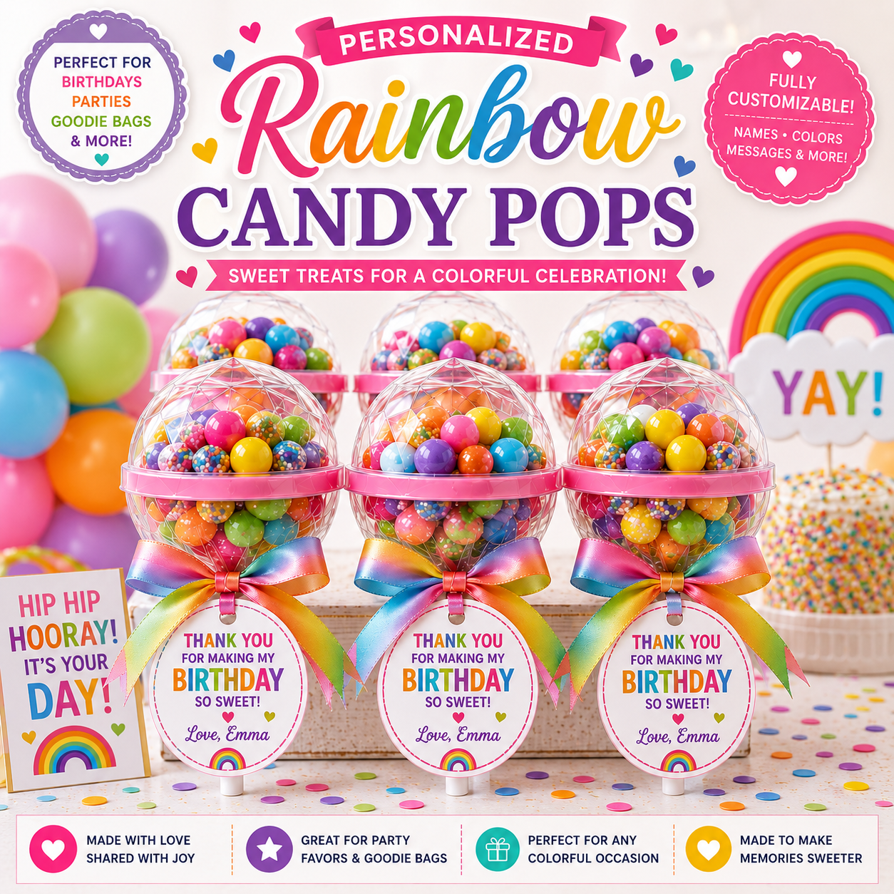 Personalized Rainbow Candy Pops | Colorful Party Favors