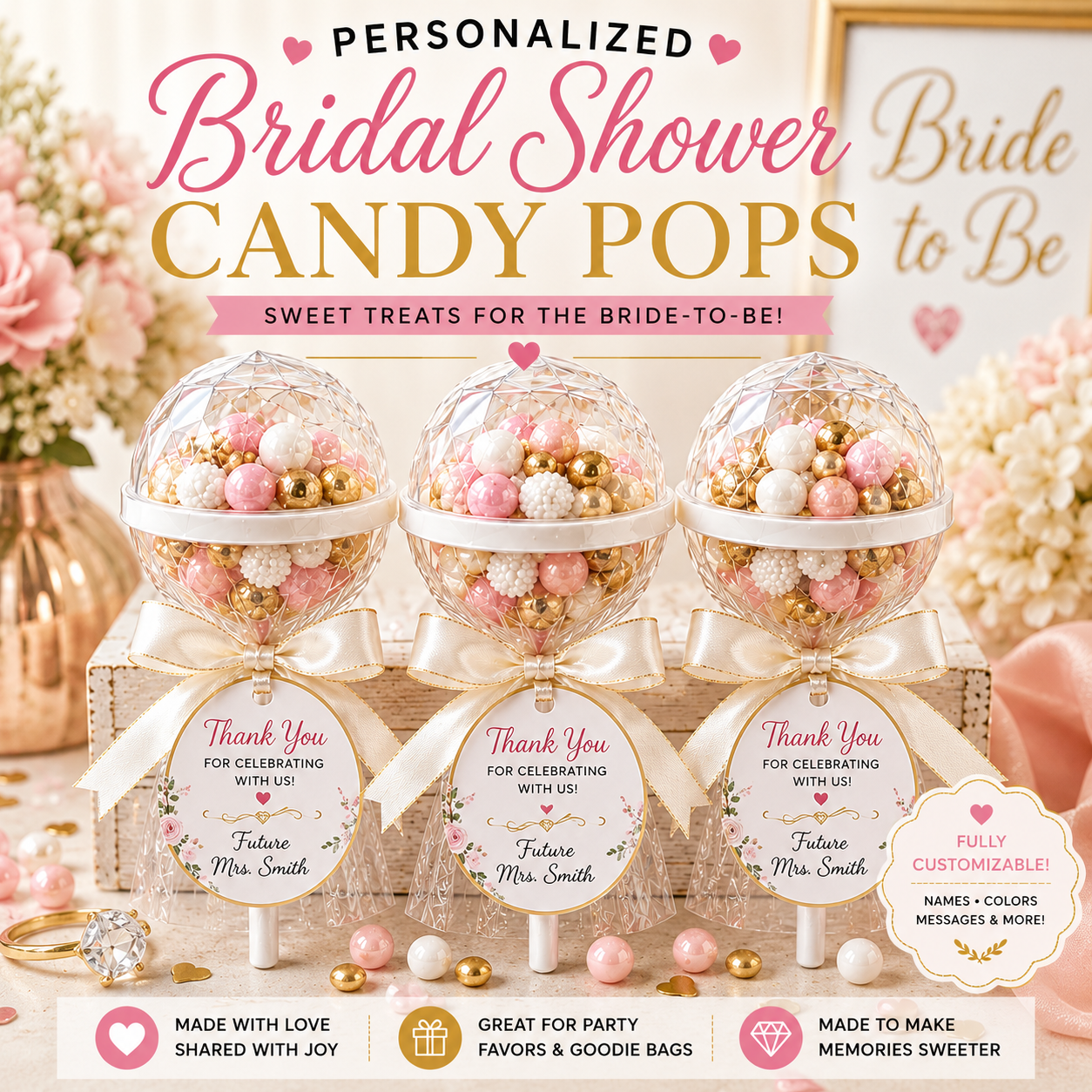 Personalized Bridal Shower Candy Pops | Bridal Party Favors
