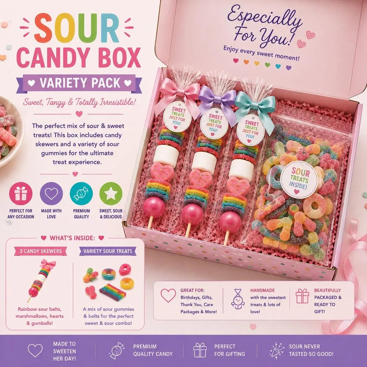 Sour Candy Box Variety Pack, Sour Candy Gift Box, Candy Skewer Gift Set, Rainbow Candy Box, Sweet and Sour Treat Box, Care Package Gift