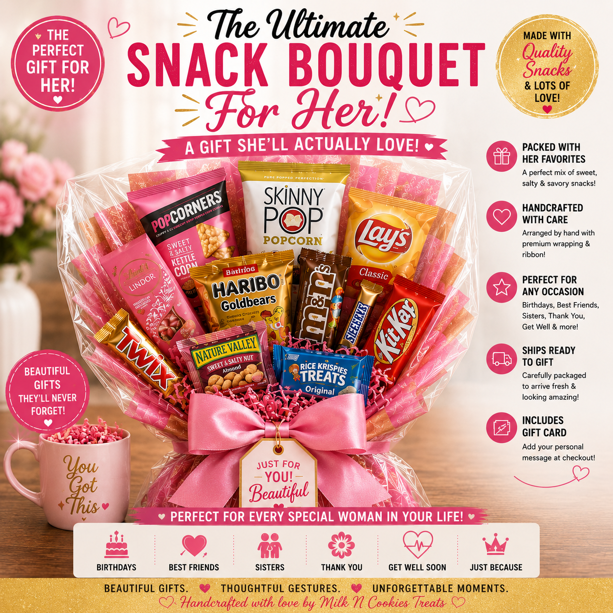 Snack Bouquet For Her | Birthday Gift Basket for Women | Milk N Cookies Treats