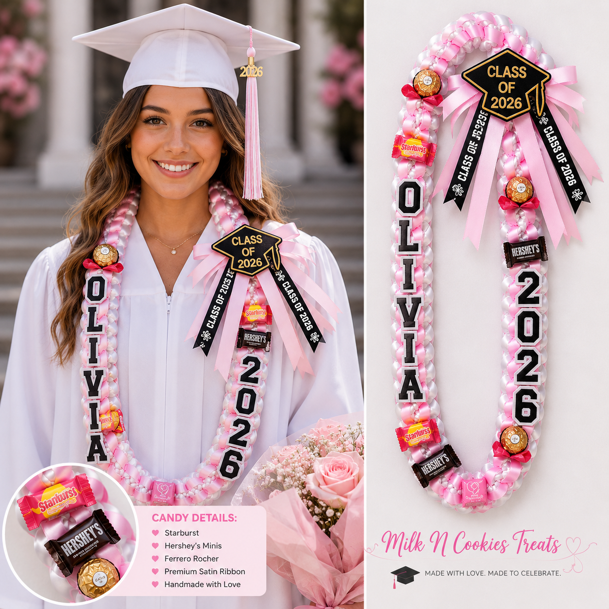 Personalized Graduation Candy Lei, Class of 2026 Candy Necklace, Custom Graduation Lei, Pink Graduation Gift, Graduation Candy Garland