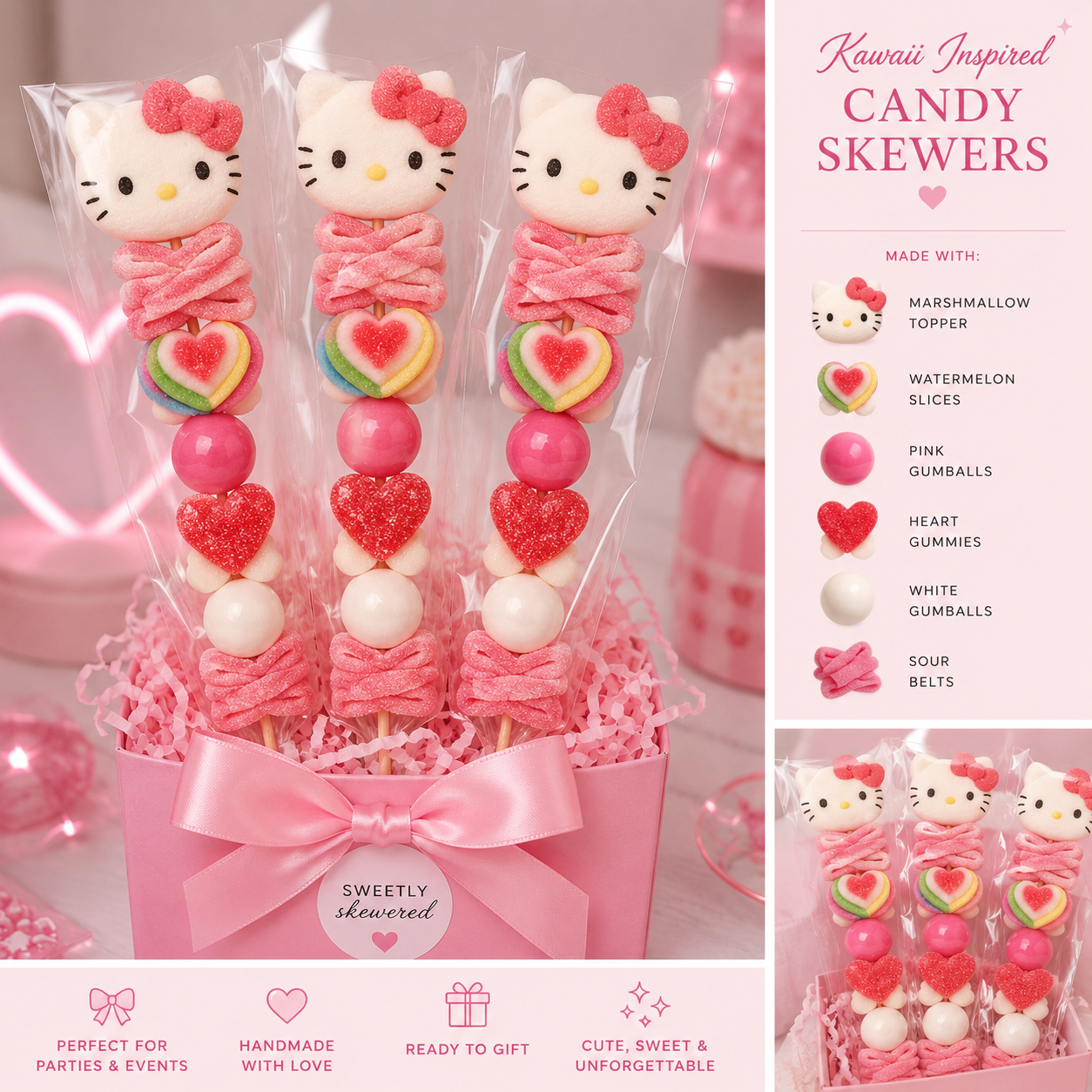 Three skewers of kawaii-inspired candy with Hello Kitty marshmallow toppers, rainbow heart candies, pink gumballs, red heart gummies, white gumballs, and pink sour belts, wrapped in clear plastic and arranged in a pink gift box with a satin ribbon.