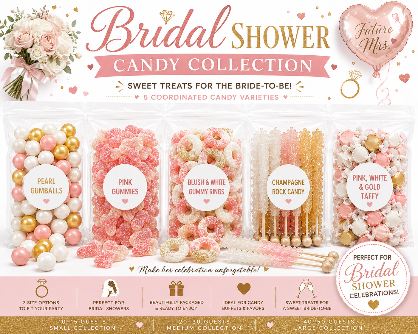 Bridal Shower Candy Collection – Elegant Pink, White & Gold Candy Buffet Bundle