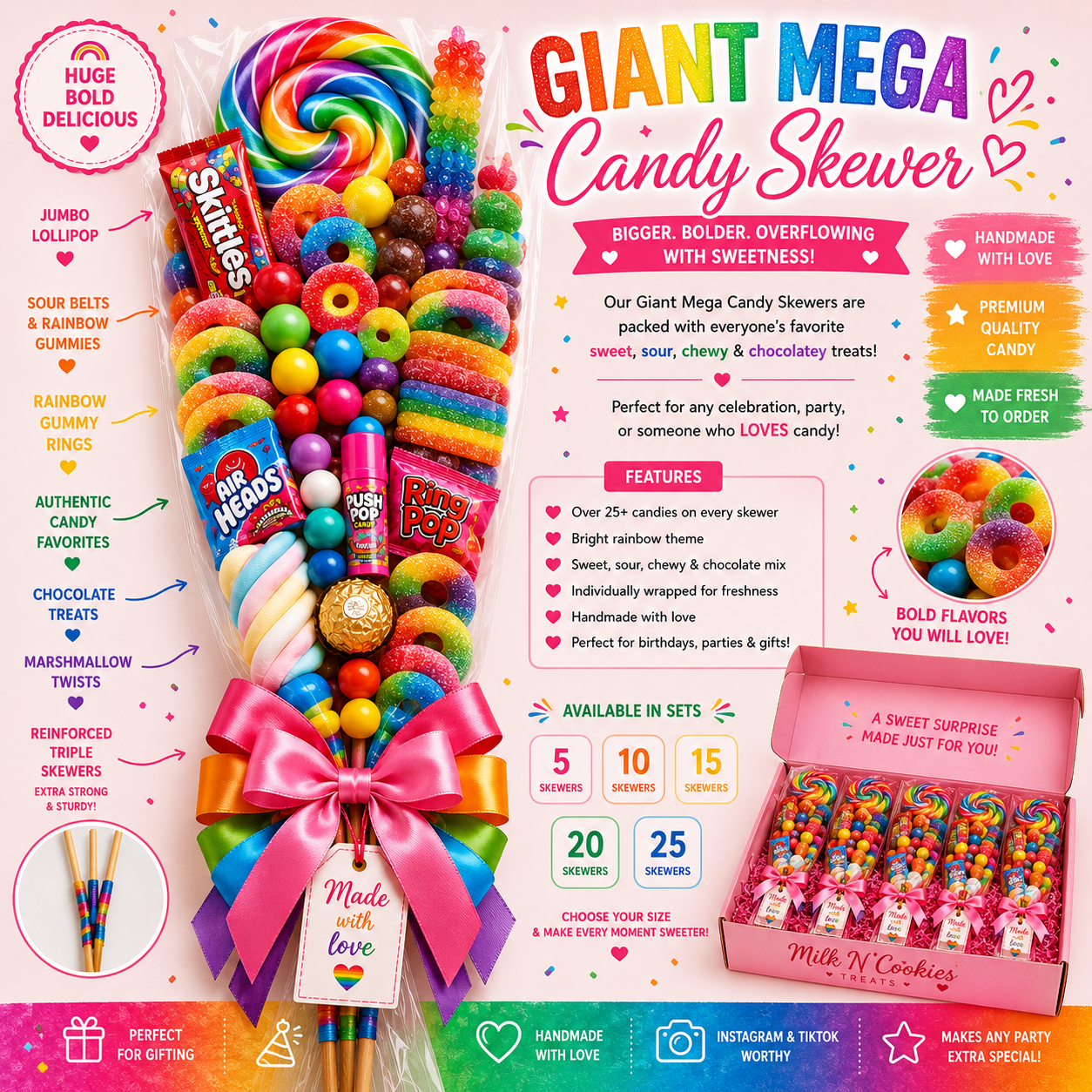 Colorful candy bouquet with rainbow lollipops, gummy rings, chocolate treats, marshmallow twists, and themed candies decorated with pink ribbon and a tag that says 'Made with love,' alongside packaging and description of giant candy skewers.