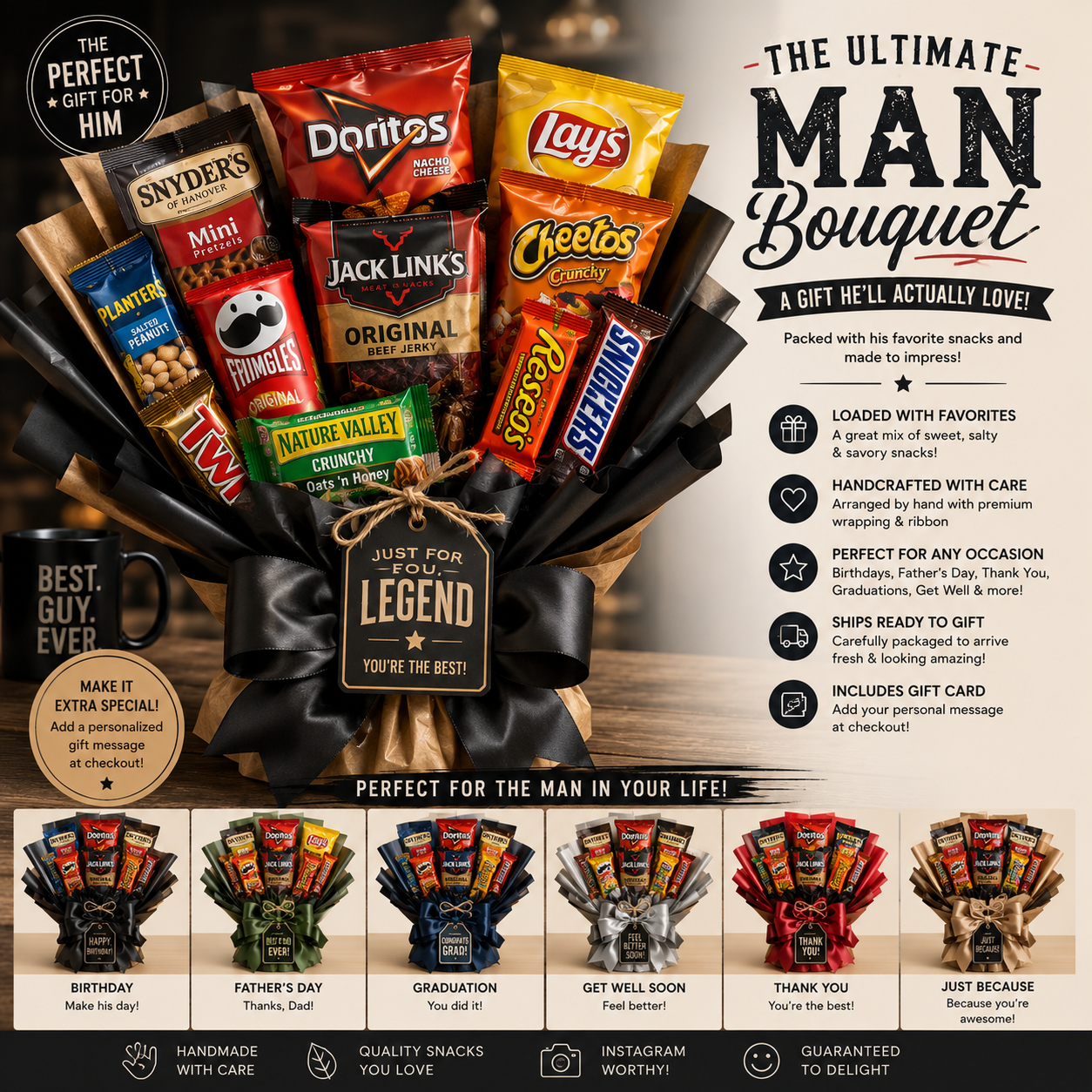 Man Snack Bouquet Gift Basket | Gift for Him | Milk N Cookies Treats