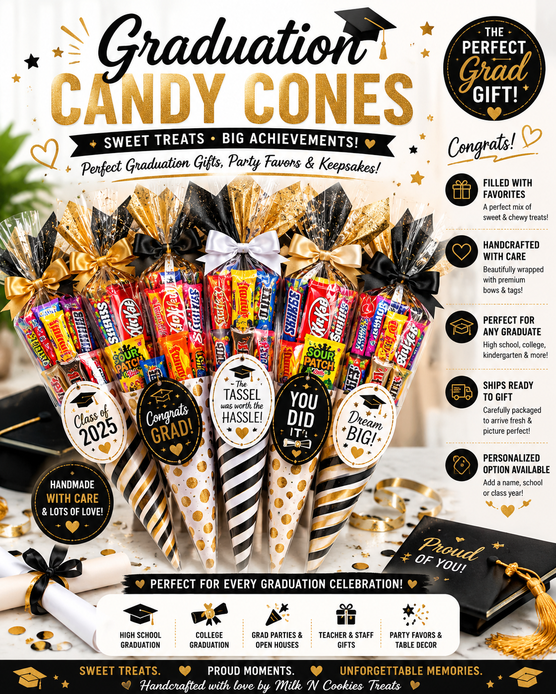Graduation Candy Cones | Personalized Graduation Party Favors | Milk N Cookies Treats