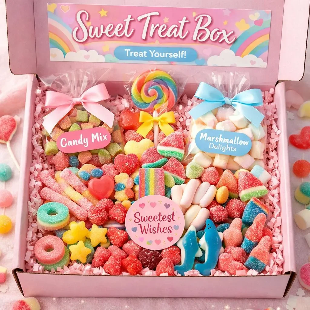 A pink box labeled 'Sweet Treat Box' filled with colorful candies, including gummy worms, marshmallow delights, candy hearts, rainbow lollipops, and assorted small candies. The box has pastel-colored bows and a decorative sign with 'Sweetest Wishes'.