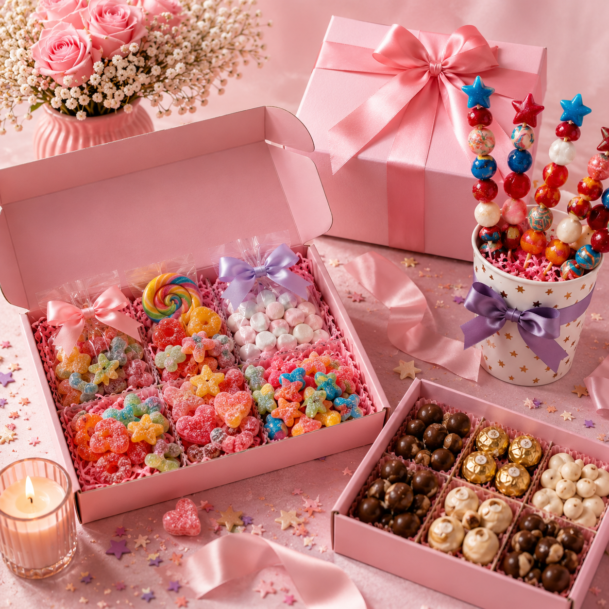 Pink gift boxes and containers filled with colorful candies and chocolates, decorated with ribbons and surrounded by star-shaped confetti and a lit candle.