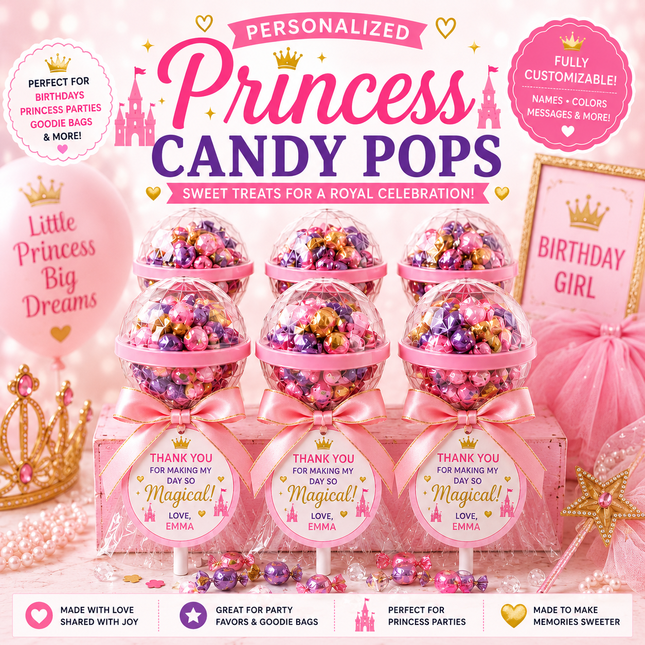 Personalized Princess Candy Pops | Princess Birthday Party Favors