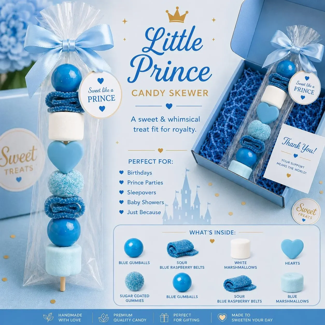 Little Prince Candy Skewer, Blue Candy Party Favor, Prince Birthday Treat, Baby Shower Candy Favor, Blue Candy Skewer, Royal Candy Treat