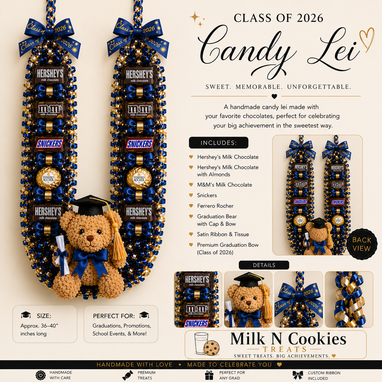 Class of 2026 Candy Lei, Graduation Candy Necklace, Chocolate Candy Lei Gift, Graduation Bear Lei, Senior Graduation Gift