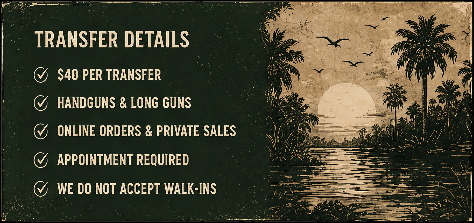 A vintage-style illustration of a sunset over a river with palm trees and flying birds, beside a dark green panel displaying transfer service details in beige text.