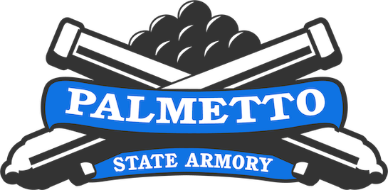Logo for Palmetto State Armory featuring crossed rifles and a blue banner with the company name.