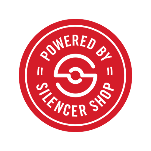 Red circular logo with black text that says "Powered by Silencer Shop" around the center, which has a black stylized circular design.