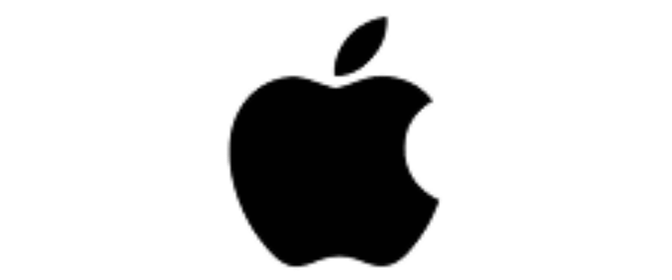 Black silhouette of the Apple logo with a bite taken out of it and a leaf on top.