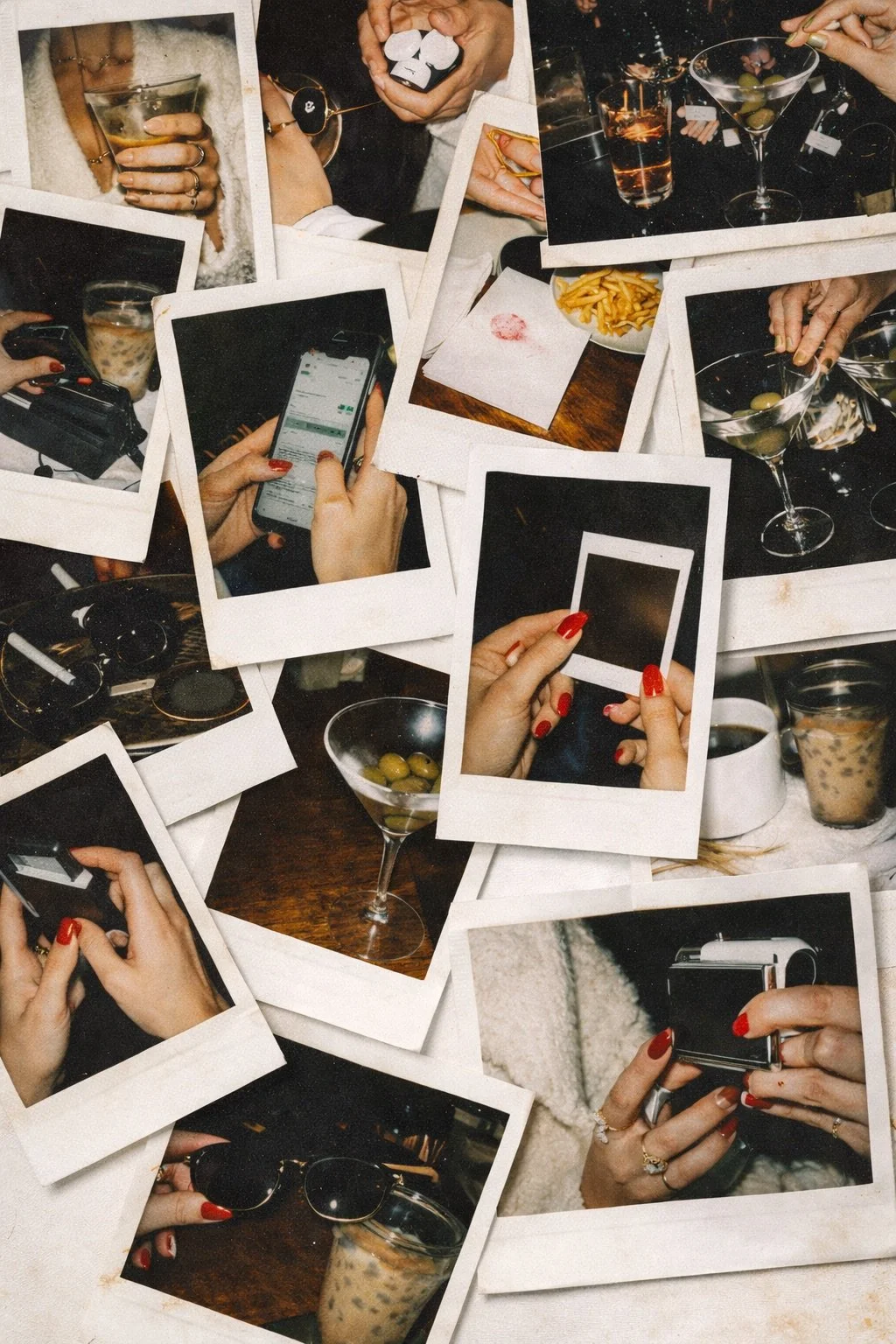Collage of Polaroid-style photos showing people holding drinks, using smartphones, and handling accessories like sunglasses, with a table featuring drinks, snacks, and receipts.