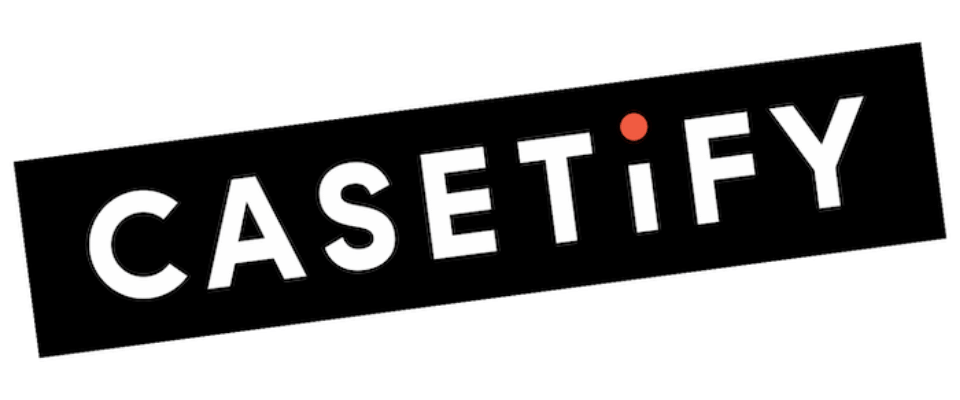 Casetify logo on a black rectangular background with a small red dot above the 'I'.