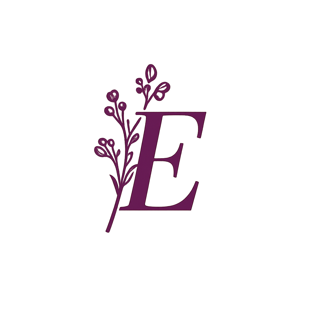 A purple letter E with a sprig of lavender flowers attached to the left side
