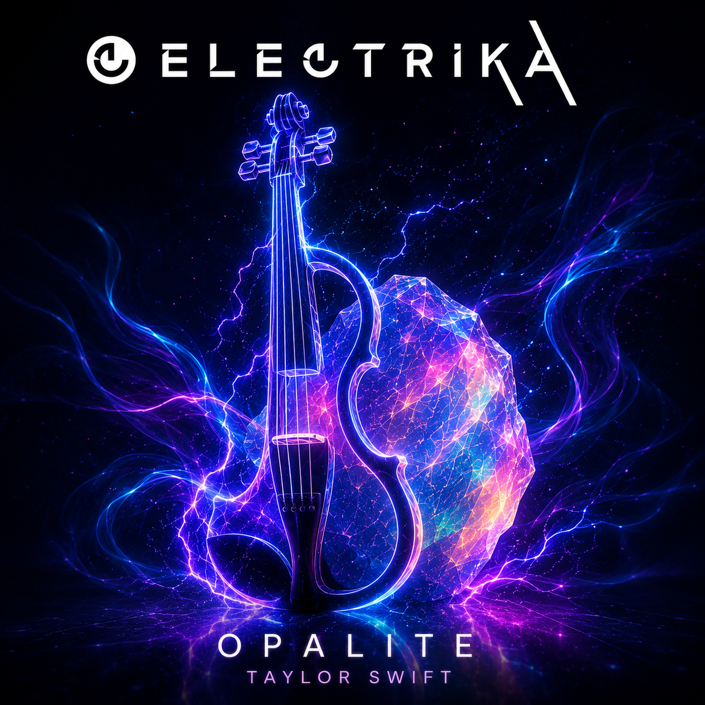 Book cover for Opalite by Taylor Swift, featuring a neon outline of a violin and an opal gemstone with electric purple, pink, and blue lightning effects.