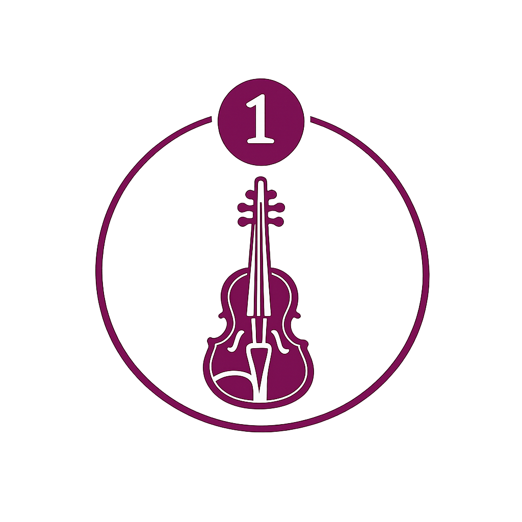 Purple logo of a musical score with a violin inside a circle, with a number one above it.