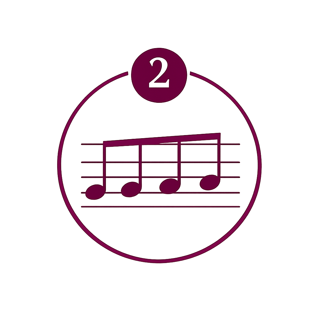 Illustration of a musical staff with five notes and a large circular number 2 at the top, all in shades of purple and pink.