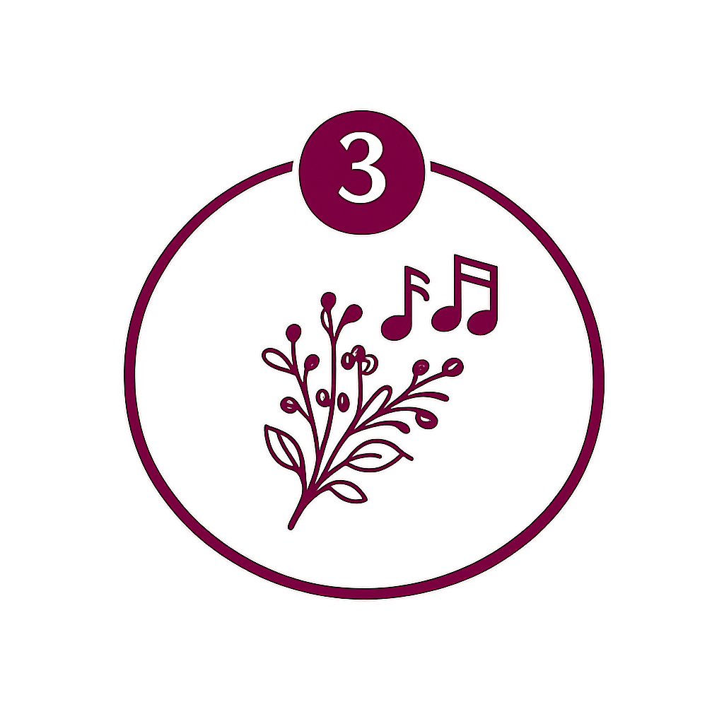 Number 3 icon, musical notes, and decorative plant motif inside a circle.