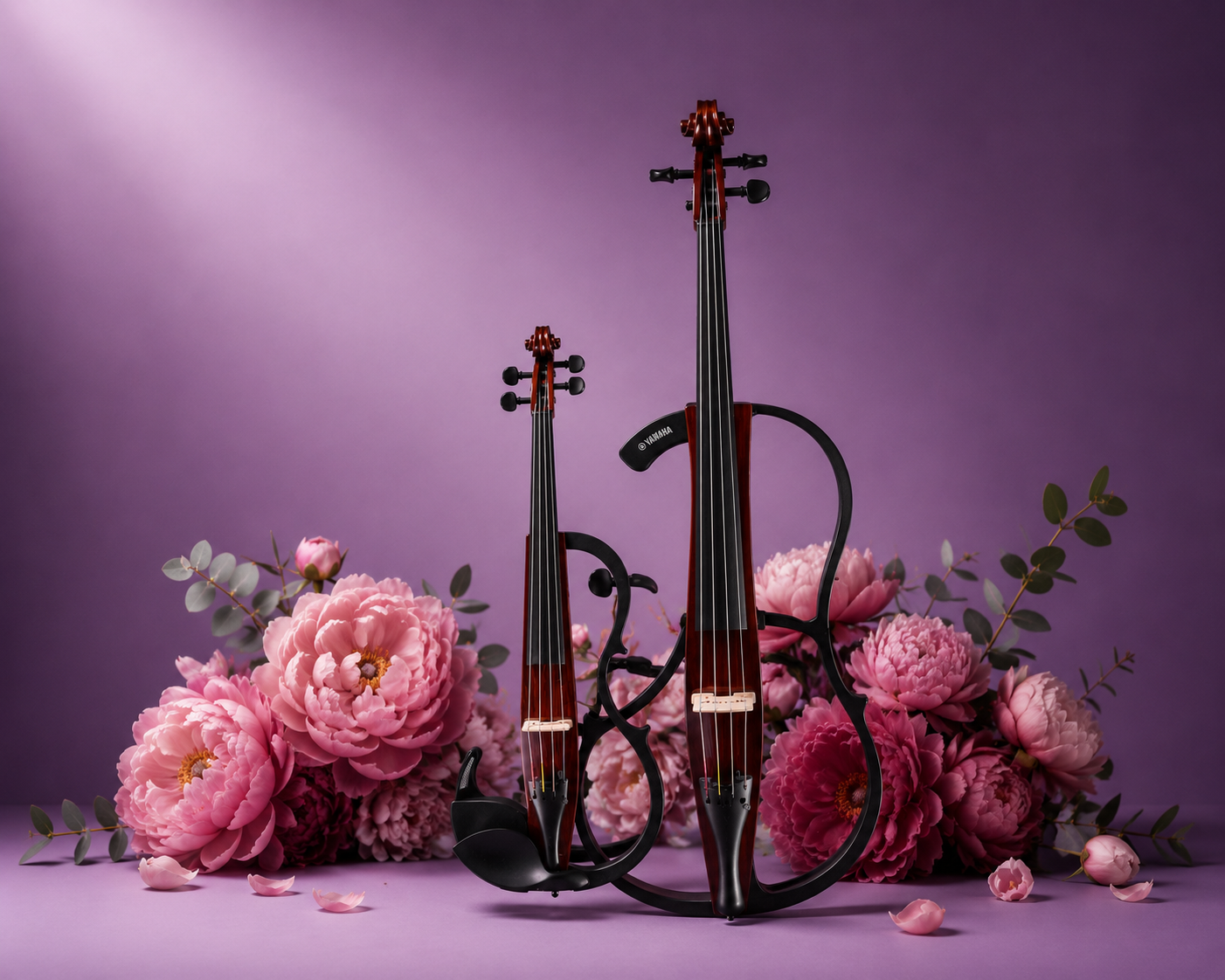 Two violins placed on a purple surface with pink peonies and green foliage behind them, set against a purple background.