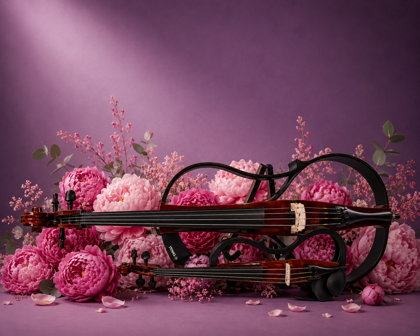 A pair of violins resting on a stand surrounded by pink peonies, roses, and small pink flowers on a purple background.