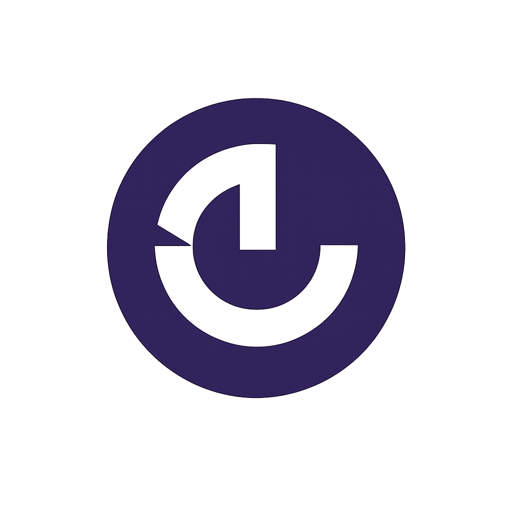 A stylized circular logo with a dark purple color, consisting of abstract geometric shapes forming a unique symbol.