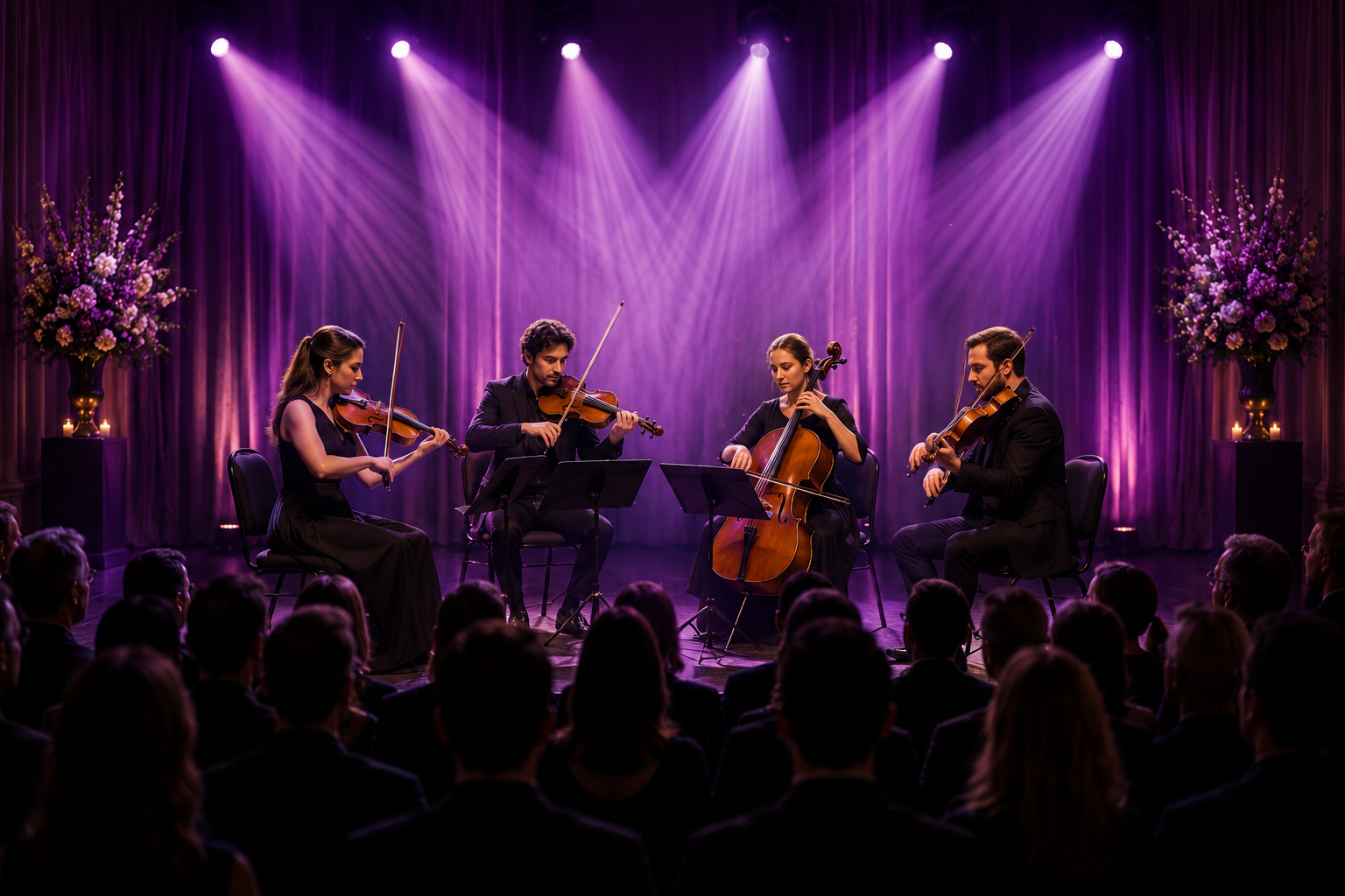 A classical string quartet performs on stage with purple lighting, floral arrangements, and an audience.