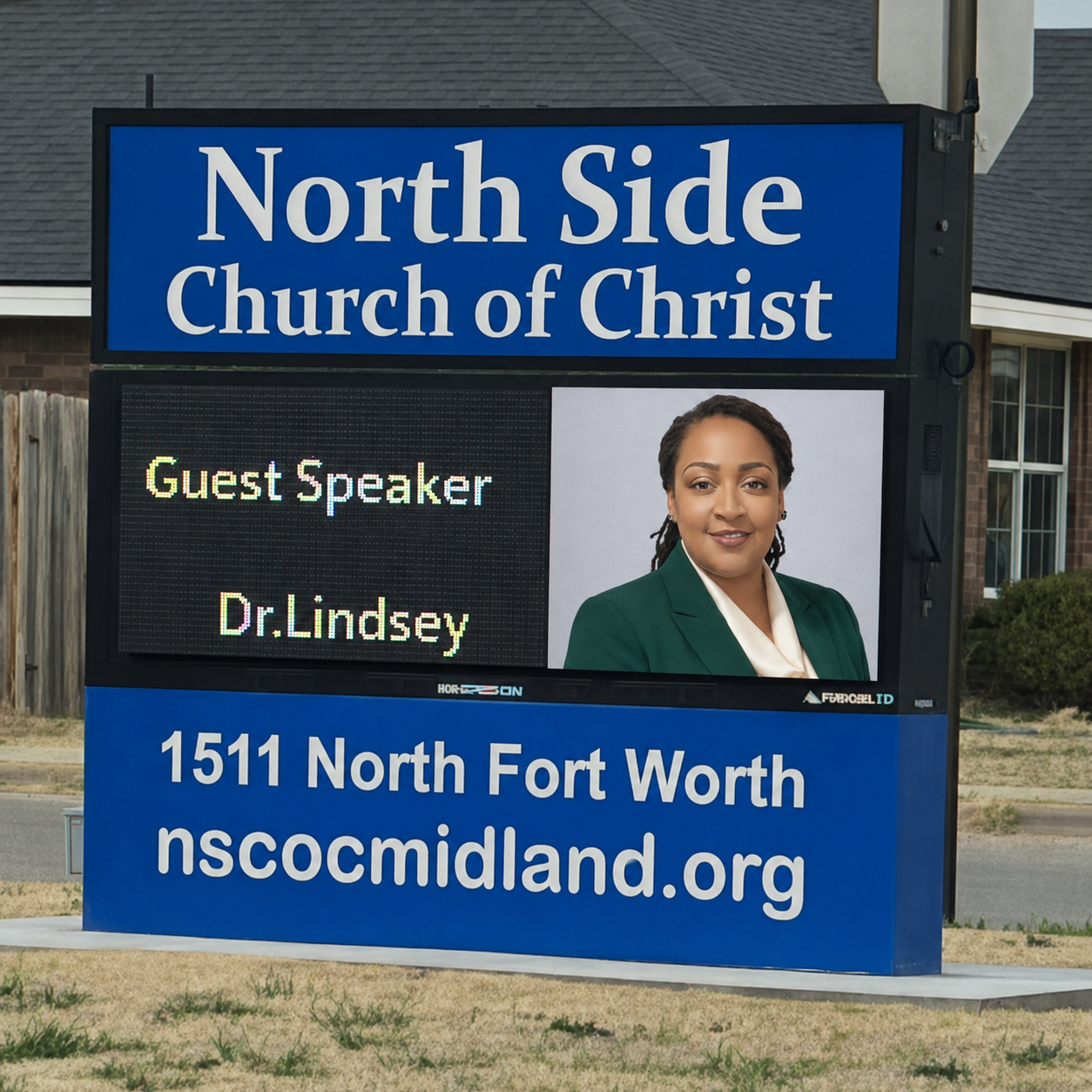 Sign for North Side Church of Christ in Fort Worth, Texas, with a digital display announcing a guest speaker, Dr. Lindsey, Public Speaker and Youth Advocate