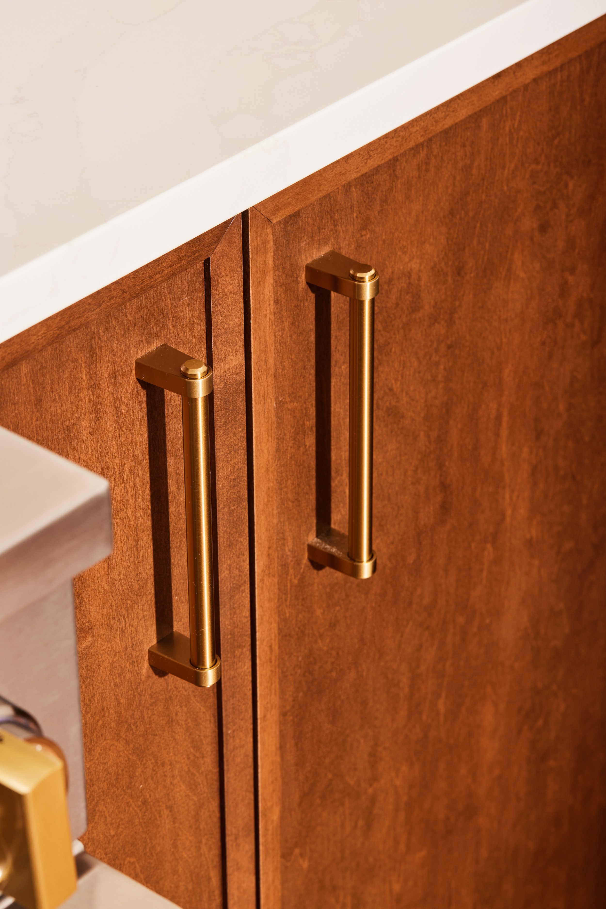 Close-up of wooden cabinet doors with brass handles.